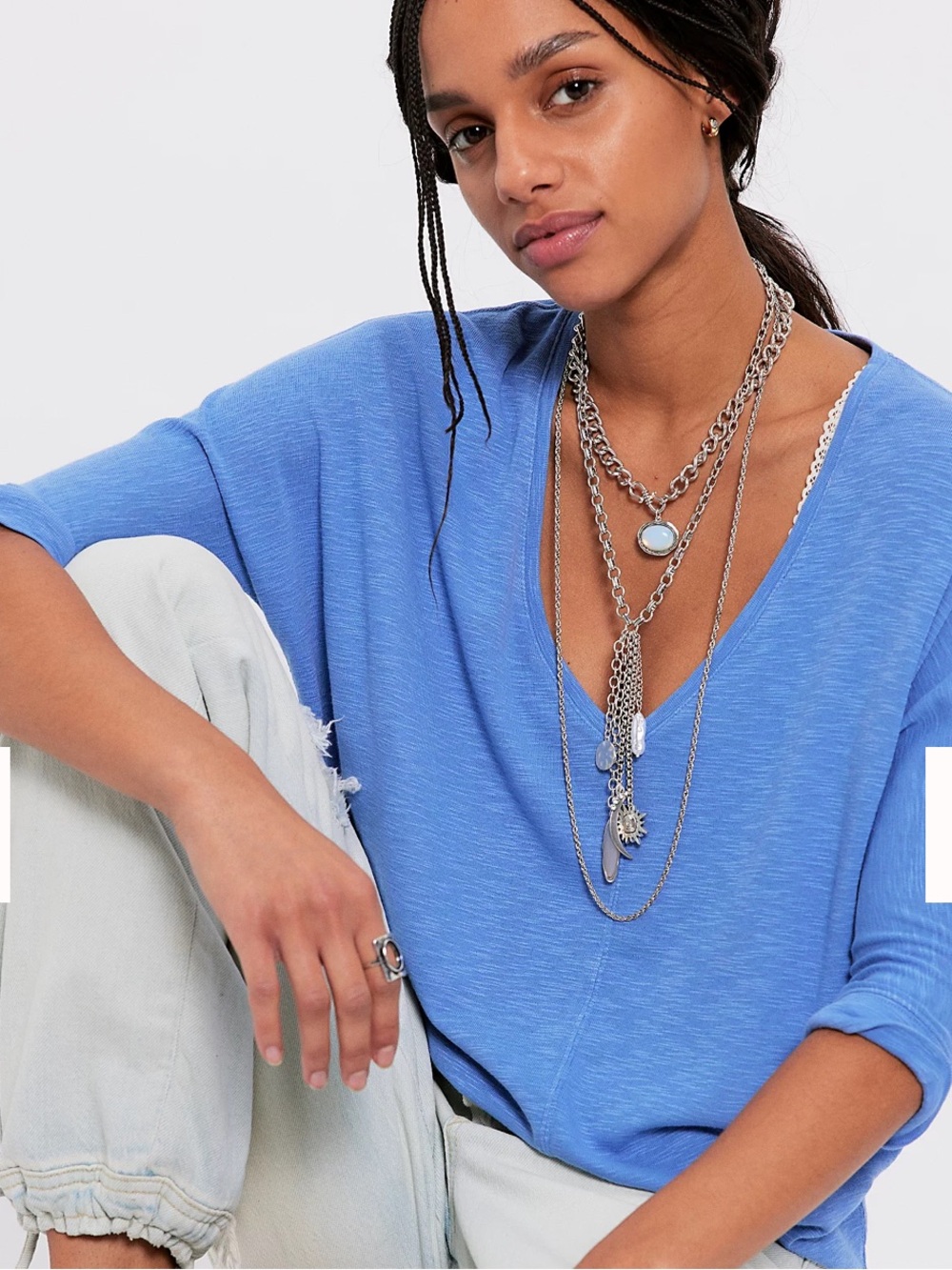 We The Free Relaxed V-Neck 3/4 Sleeve Top in Cornflower Blue